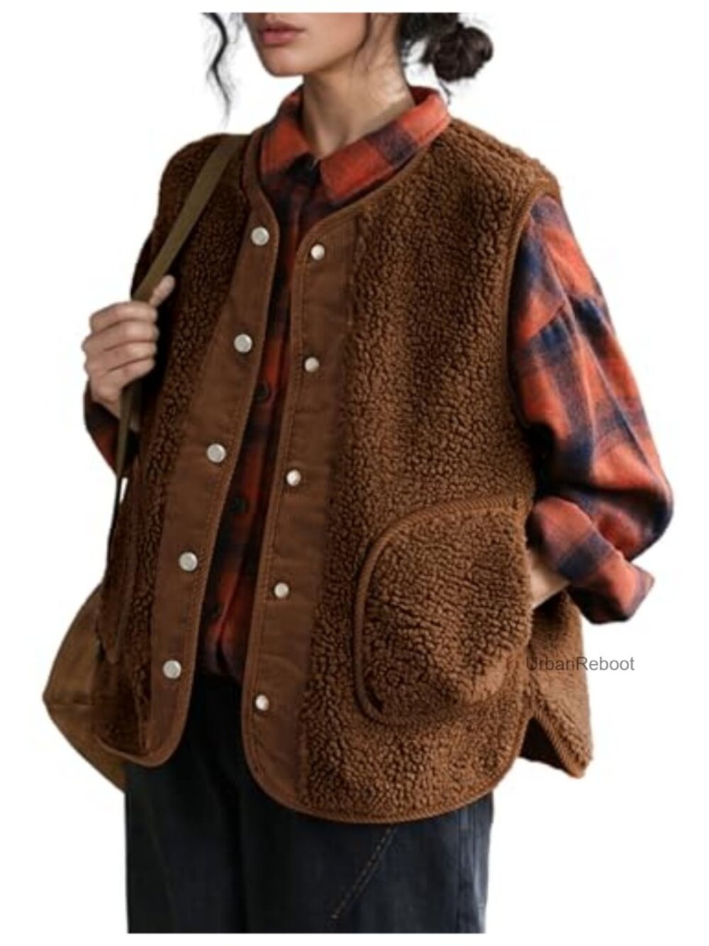 Fuzzy Fleece Sherpa Vest Button Down Sleeveless Jacket with Pockets